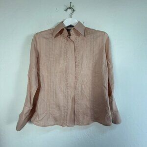 Faconnable Women's Linen Pintuck Accent Long Sleeve Button Up Shirt Brown XS